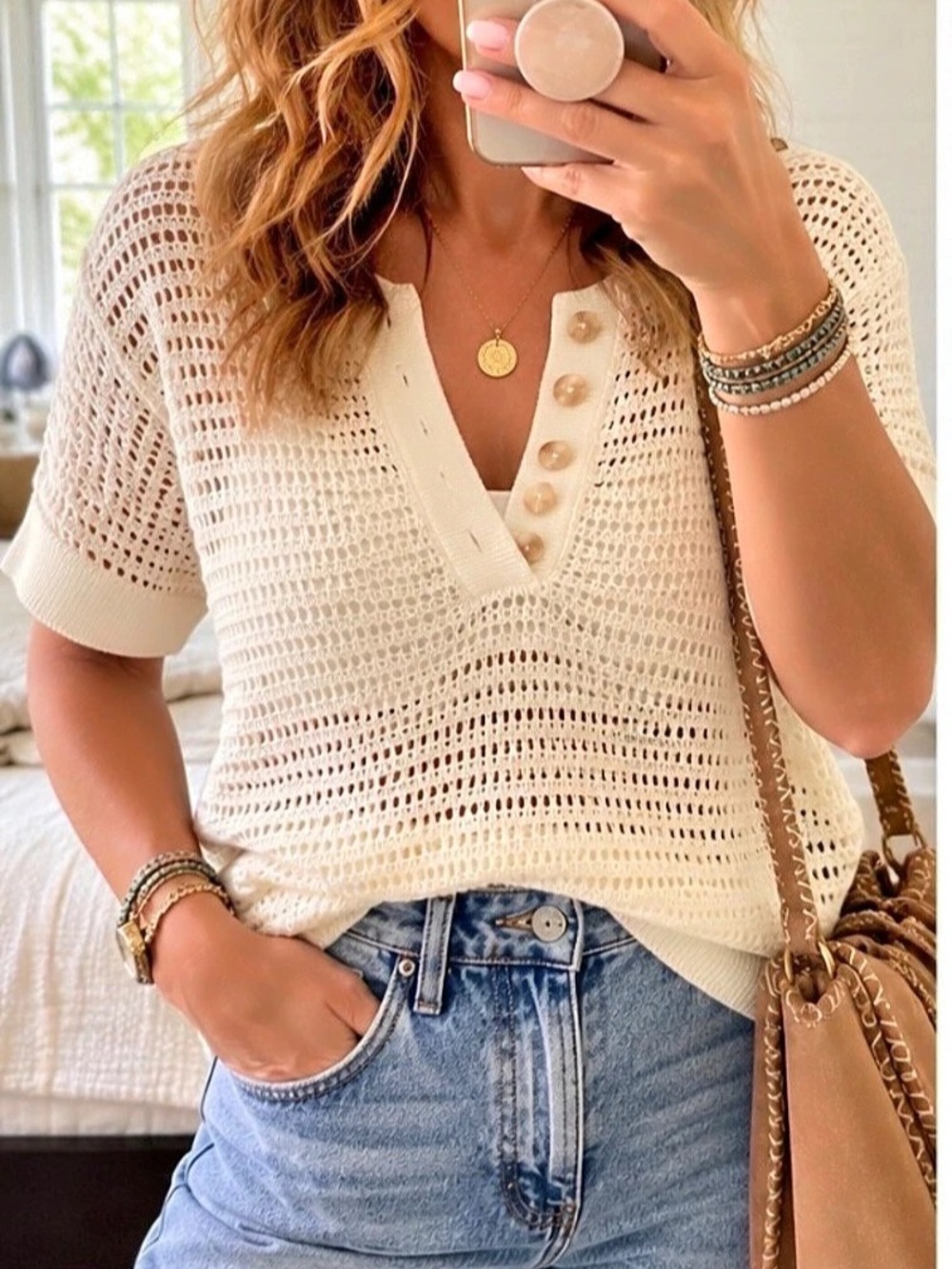 Varley Callie Knit Top Ecru | NWT | Open Knit Polo Sweater. M